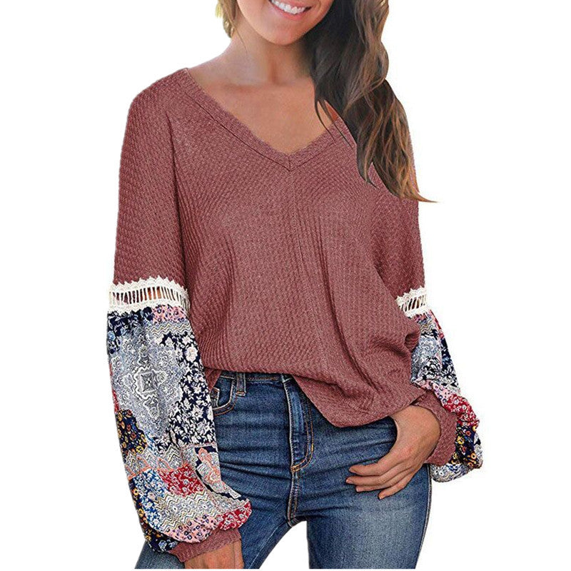 New European And American Autumn And Winter V-neck Waffle Loose Printed Long-sleeved T-shirt