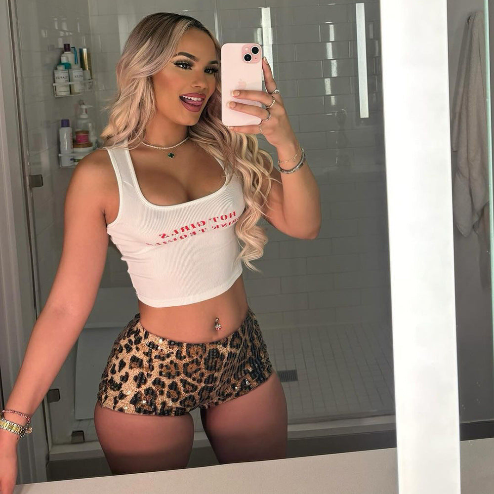 Leopard Print Elastic Waist Casual Shorts