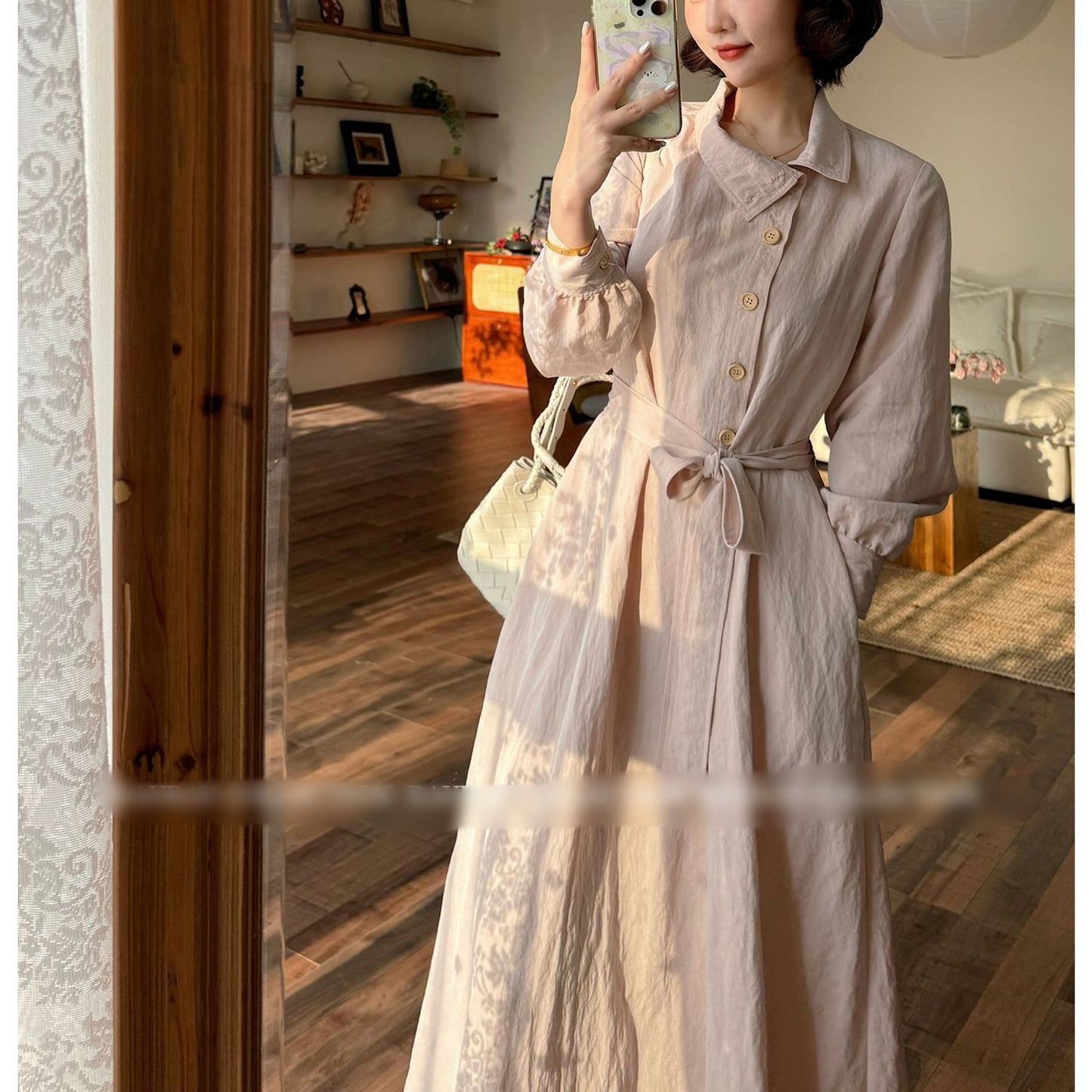 Stand Up Collar Lapel Long Sleeve Belted Loose Fitting Dress