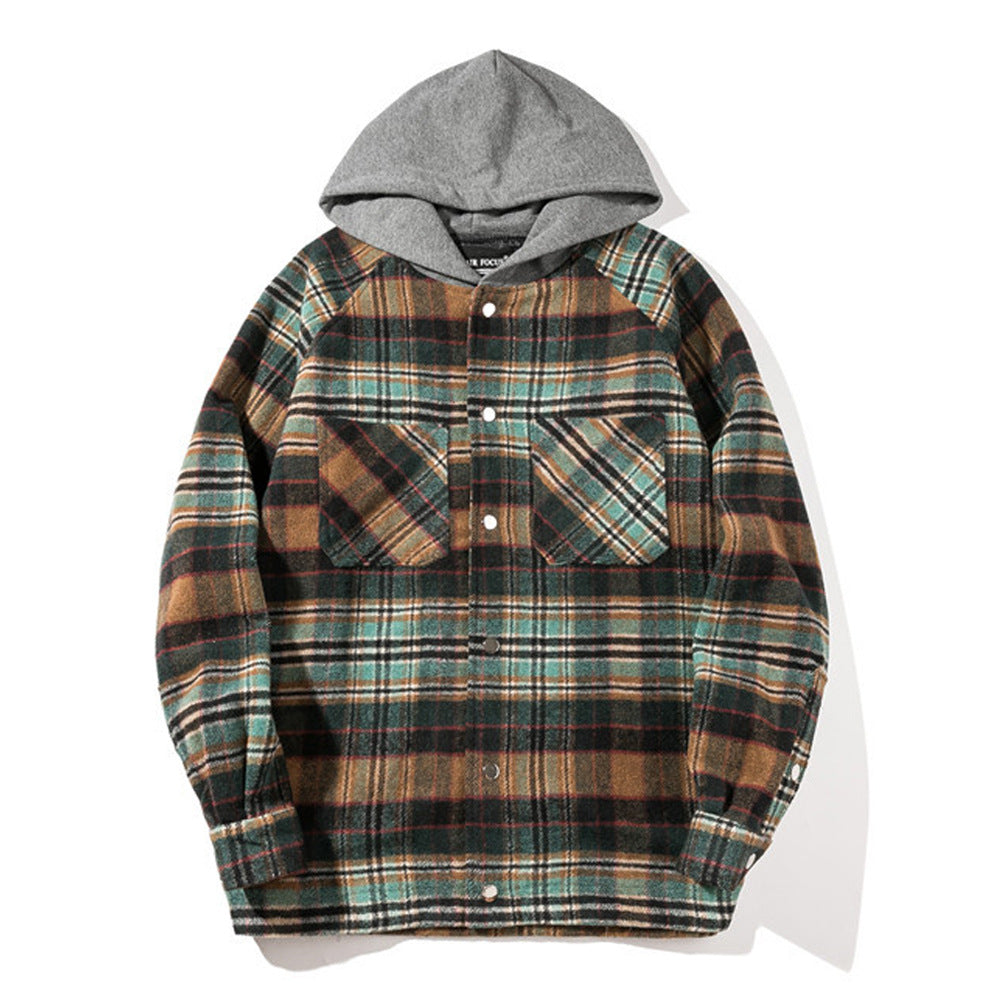 Color Matching Stitching Plaid Hooded Loose Cardigan Jacket European And American Style Hoodie
