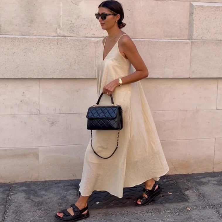 Off-shoulder Backless Solid-color Slip Dress Sexy Maxi Dress