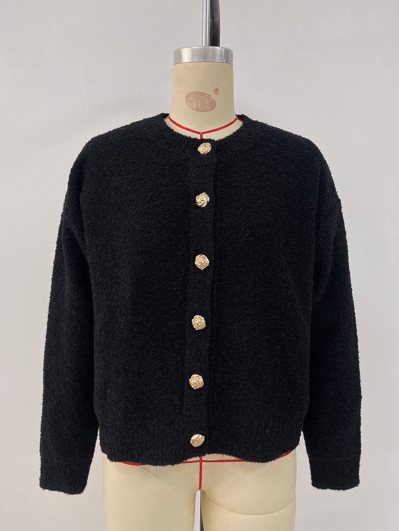 Round Neck Button Solid Color Sweater Knitwear