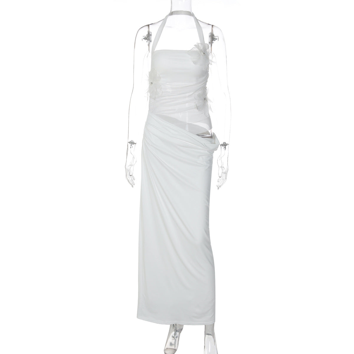 Stylish Patchwork 3D Floral Halter Bodycon Midriff-Baring Dress In A Sophisticated Edgy Chic Style For Women