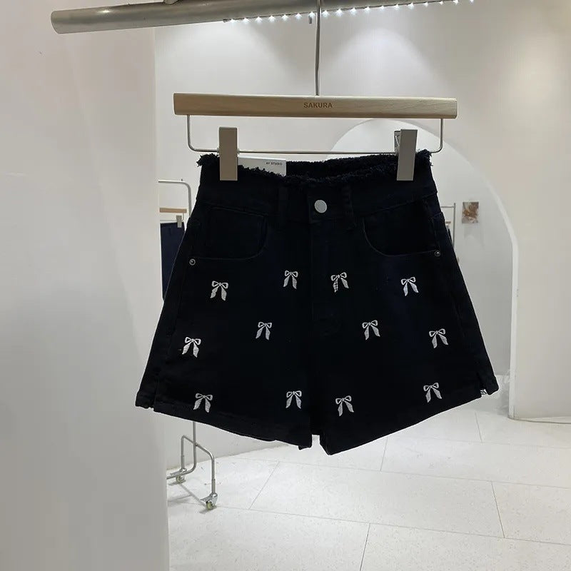 Slim Fit Burrs High Waist Denim Hot Pants Women's Summer Wide Leg Shorts