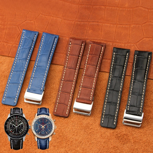 Black Brown Blue Bamboo Grain Cowhide Watch Strap 22mm 24mm