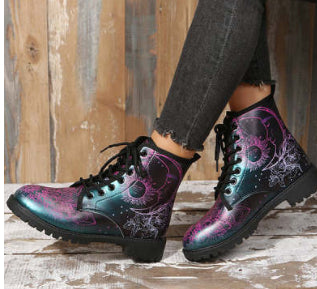 Winter Short Lace-up Soft Leather Printed Boots