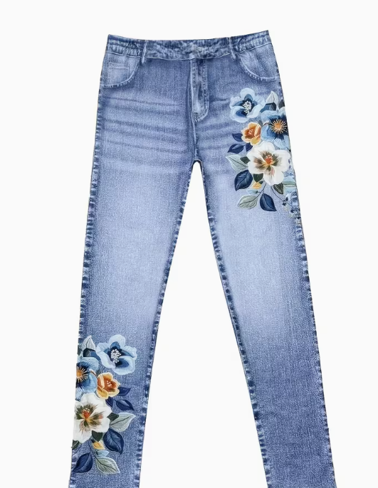 Mønstrede Leggings - Ikke-denim Stof, Imitationsdenim Stramme Bukser til Kvinder