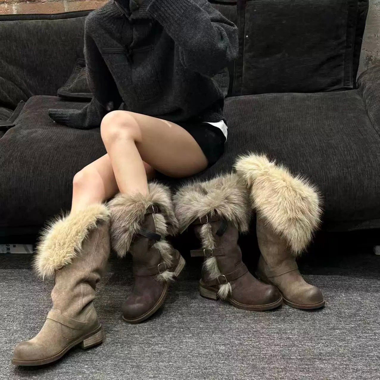 New Winter Retro Chic All-Match Leather-Buckle High-Top Furry Snow Boots For Women