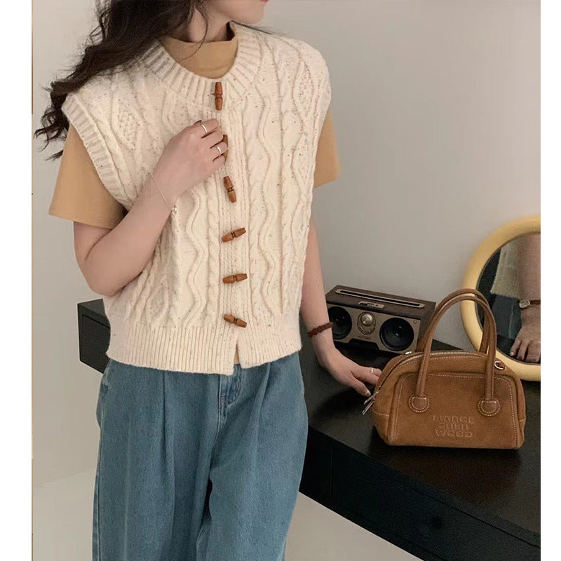 Horn Button Retro Twist Knitted Vest Cardigan For Women