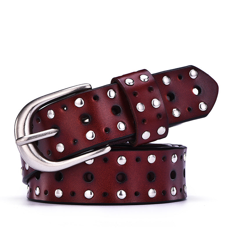 Women's Real Cowhide Trousers Belt With Punk Rivets European And American Style