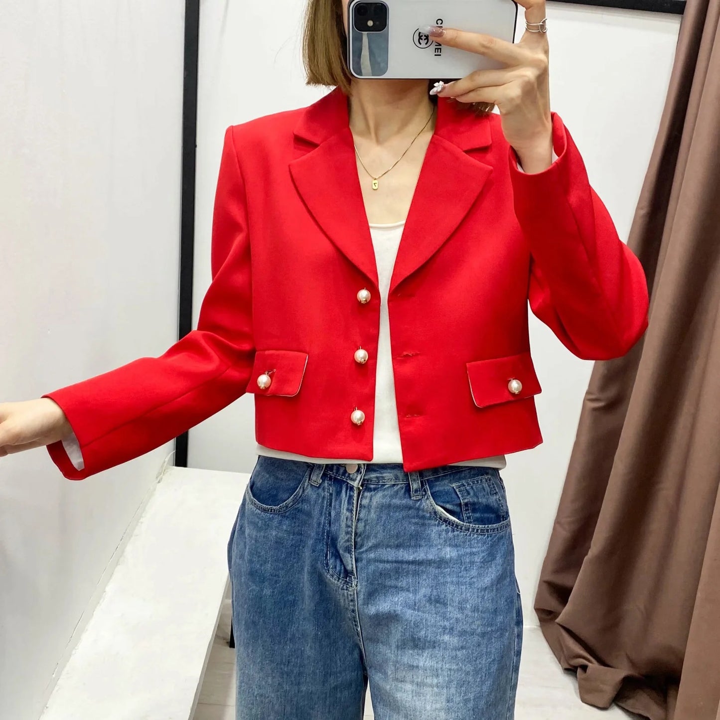 Blazer casual corto con botones de perla sólidos