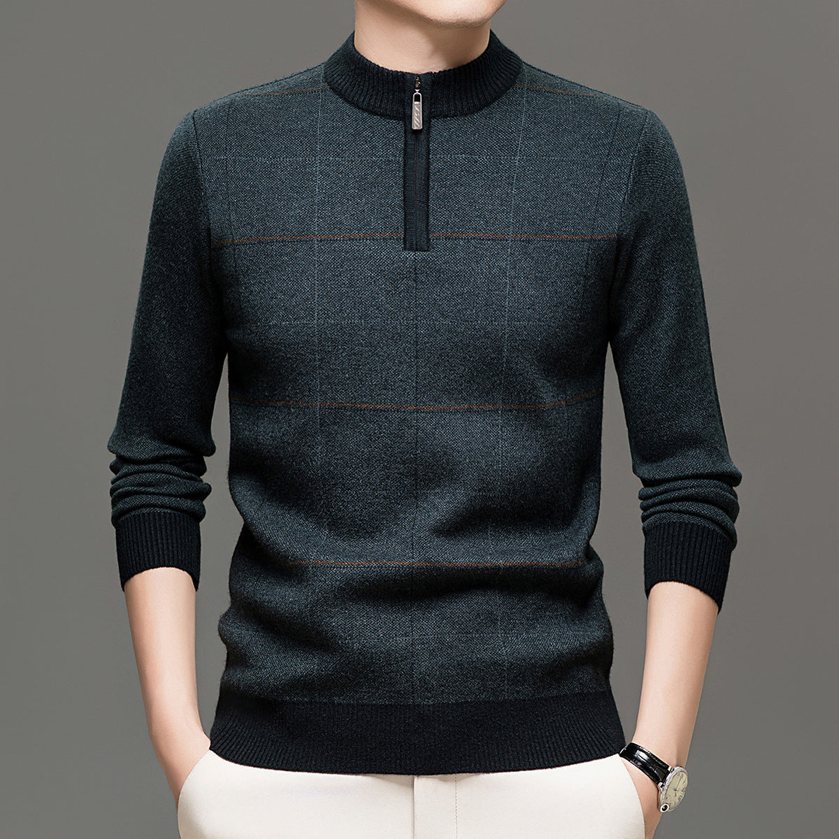 Mens Stylish Plaid Half-zip Knit Sweater