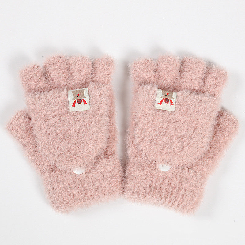 Plush Winter Half Finger Flap Warm Thickened Mink Like Knitting Gloves