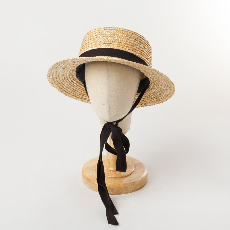 Children's Straw Flat Sun Hat With Strap