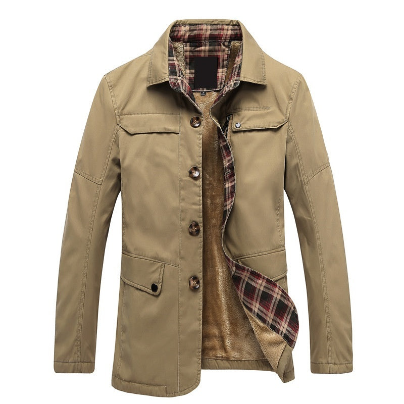 Fleece-lined Thickened Men's Washed Jacket Korean Style Slim Fit Trench Coat Men's