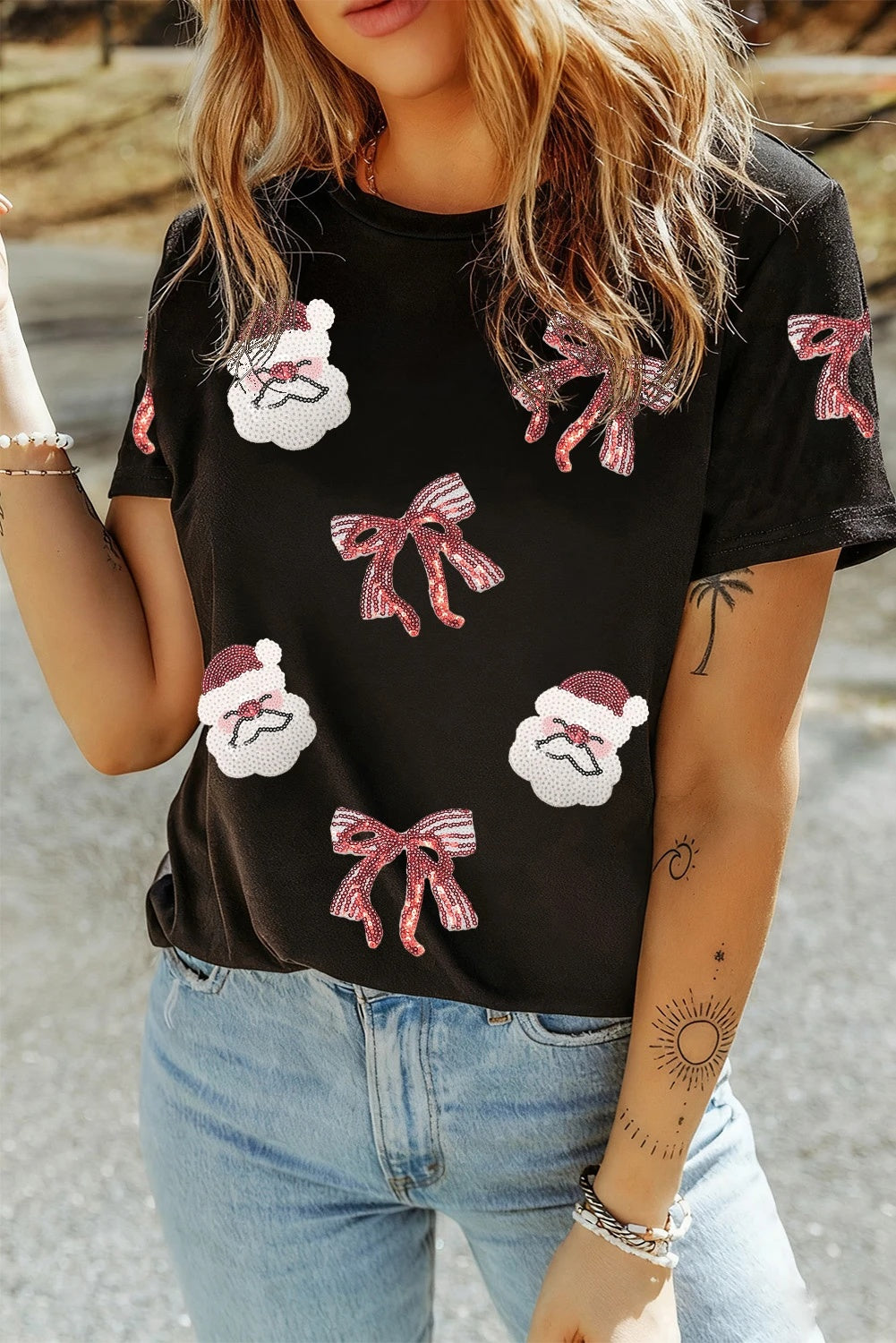 Black Colored Santa Claus Bow T-shirt