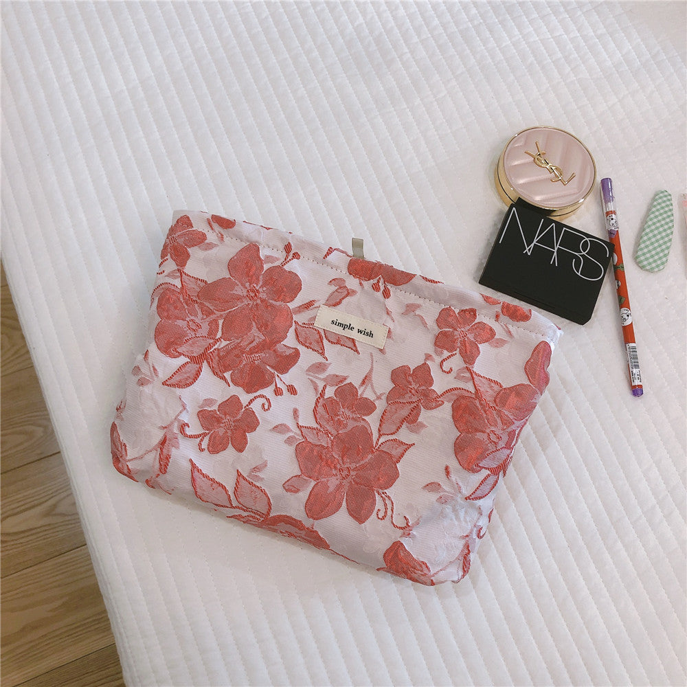 Elegant Artistic Large Flower Relief Cosmetic Bag