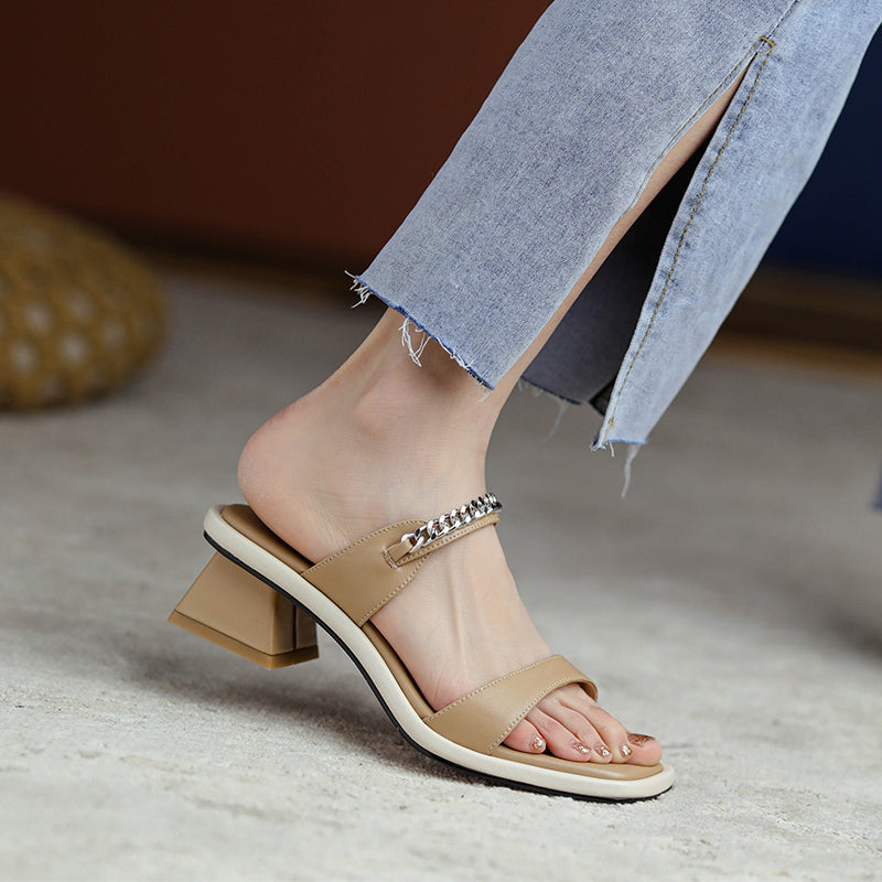 Summer Leather One-word Sandals And Slippers Women's Mid-heel Fashion Outer Wear New Beige Thick-heel Fairy Style Sandals