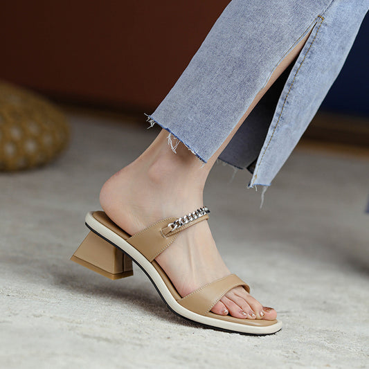 Summer Leather One-word Sandals And Slippers Women's Mid-heel Fashion Outer Wear New Beige Thick-heel Fairy Style Sandals