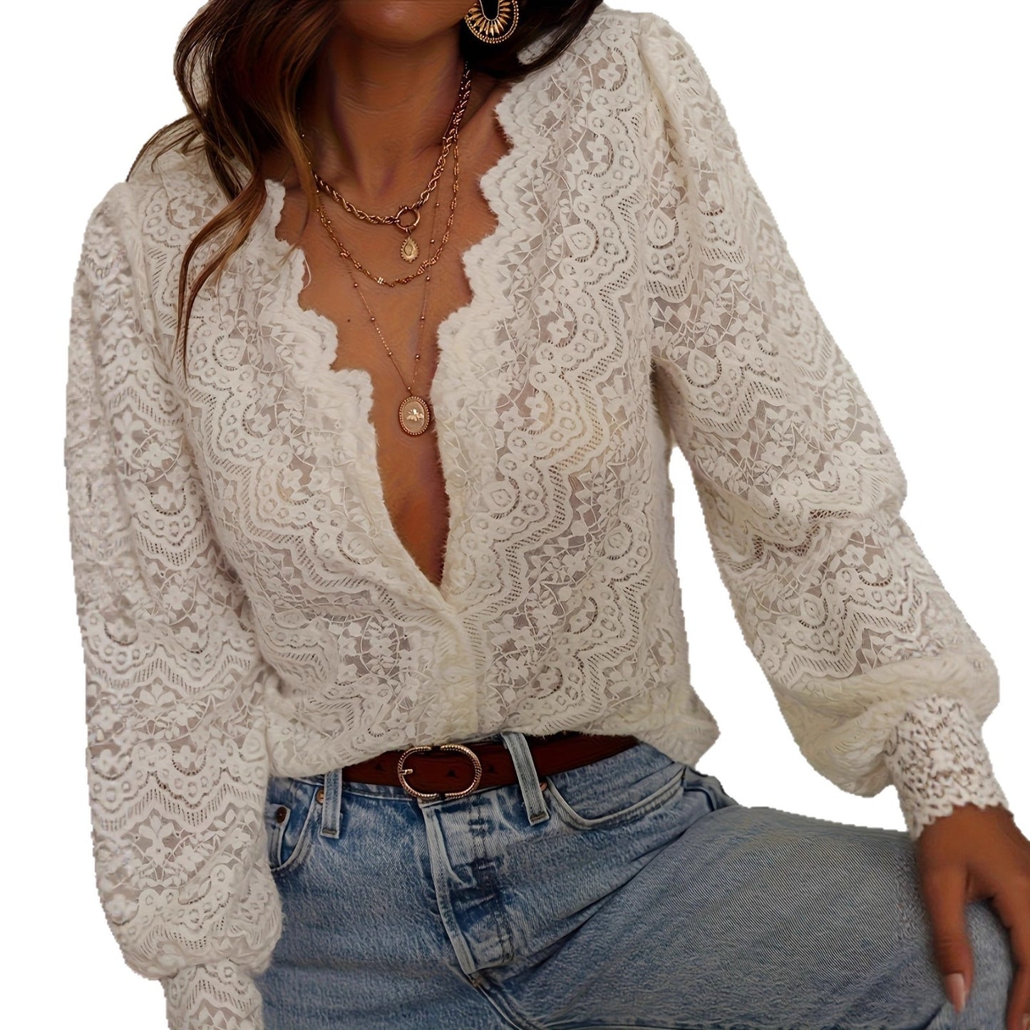 Long-sleeved Solid-color V-neck Lace Shirt