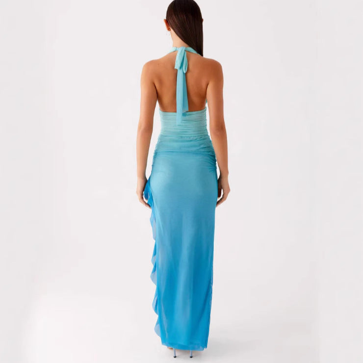Body-hugging Halter-neck Sexy V-neck Dress With Ruffled Hem And Side Slit