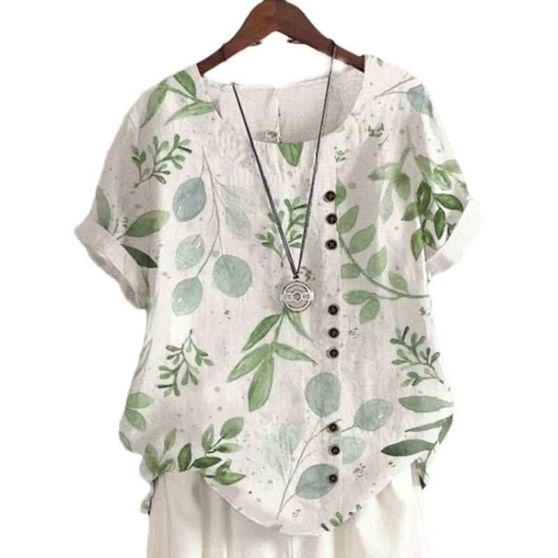Retro Cotton And Linen Printed Loose Casual Shirt Short-sleeved T-shirt For Women