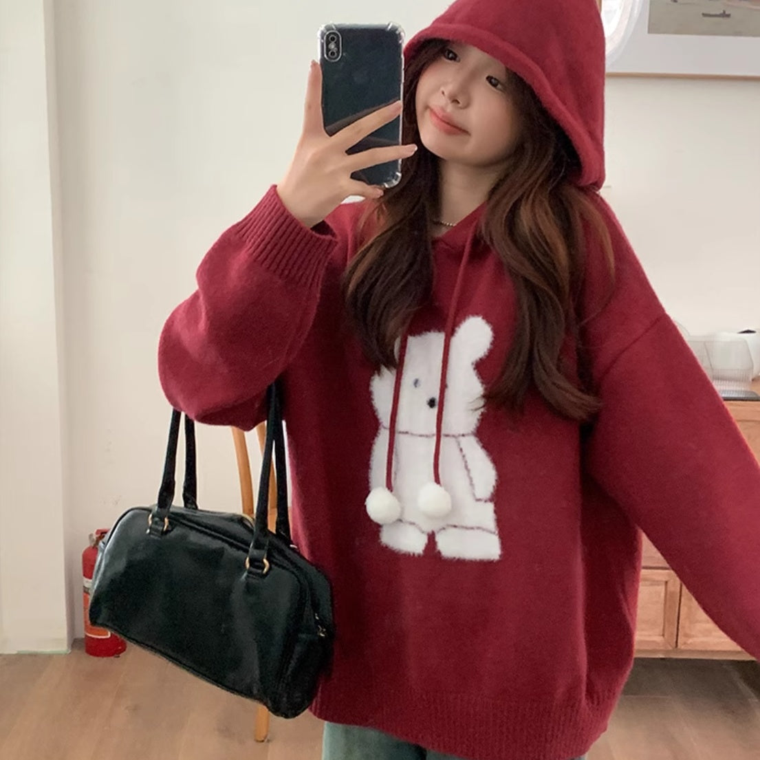 Bear Loose Hooded Warm Sweater Women's Knitted Blouse
