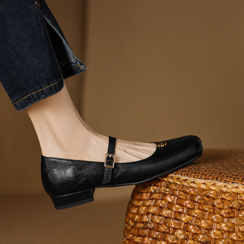 The Woman Is Wearing Low-heeled Mary Jane Shoes