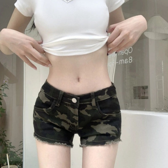 Womens Cargo Camo Denim Stretchy Hip-Hugging Shorts