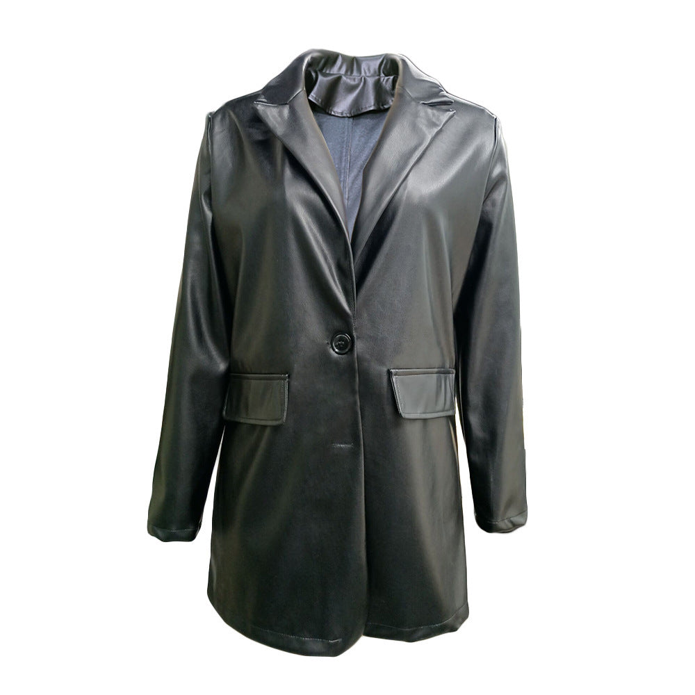 Solid Color Suit Collar Fake Pocket Fashion Casual Women's Leather Jacket