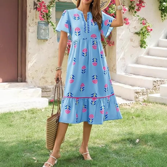 V-neck Loose-fitting Fashionable Floral-print Elegant Short-sleeve Dress