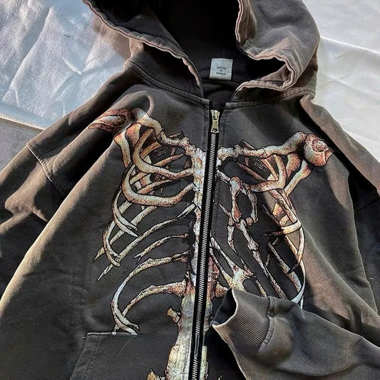 Bone Distressed Zipper Sweater For Men And Women