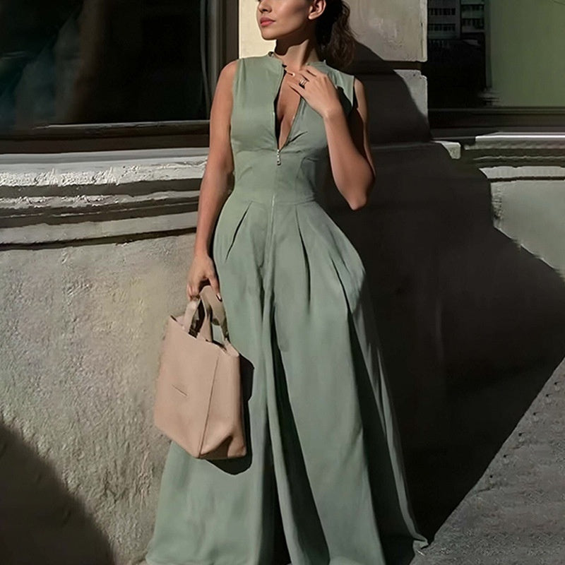 Versatile Solid-Color Zippered Sleeveless Patchwork Jumpsuit