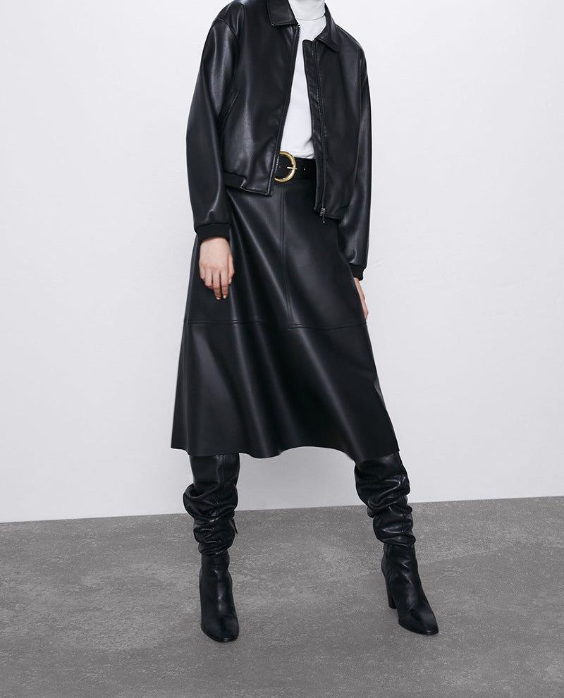 European And American Style Women's PU Lapel Top Short Faux Leather Jacket