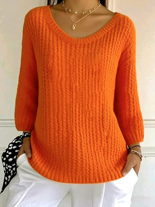 Women's Orange Plain Long Sleeve Sweater