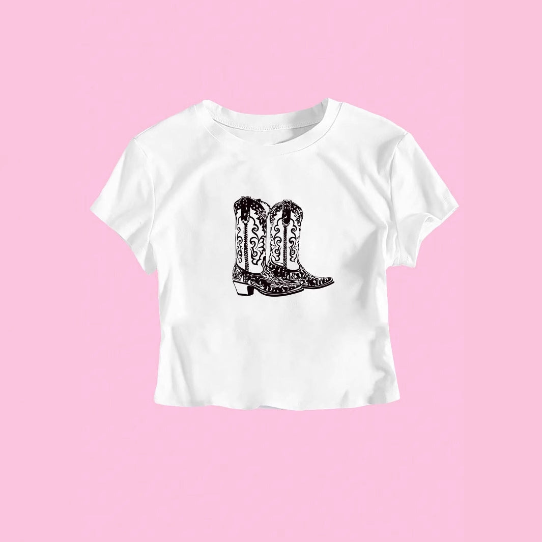 Womens Printed Midriff-Baring Short-Sleeve T-Shirt