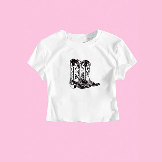 Womens Printed Midriff-Baring Short-Sleeve T-Shirt