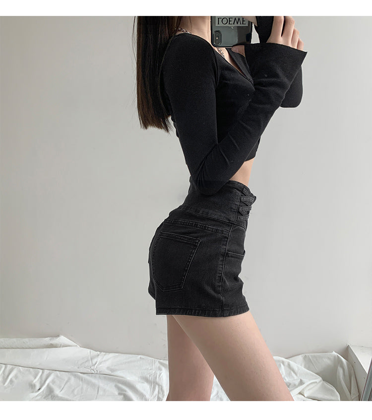 Small Man Waist Cross Woven Super High Waist Tummy Denim Shorts Women