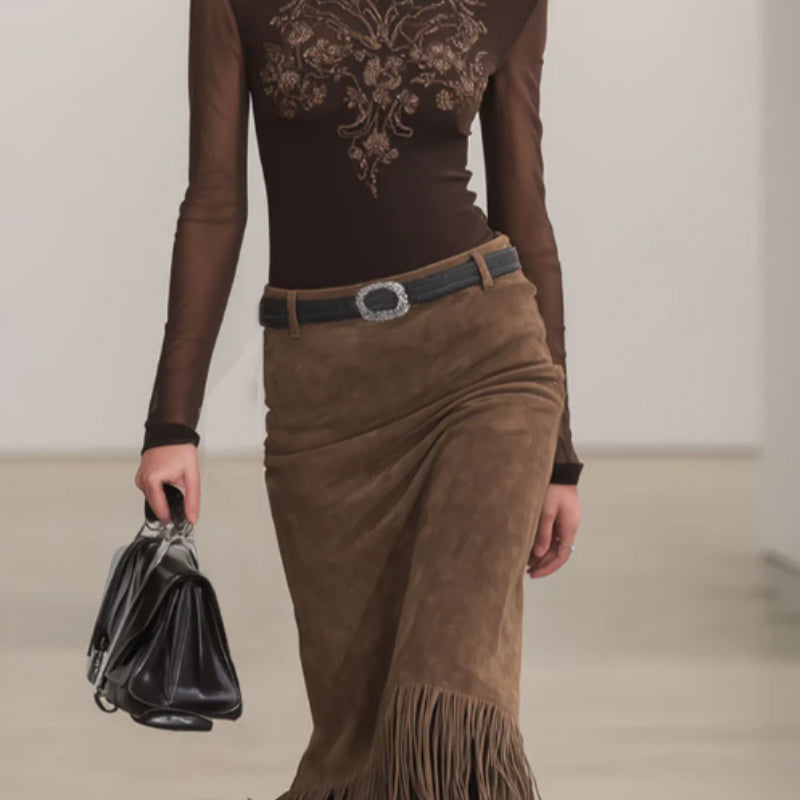 High-neck Embroidered Long-sleeved T-shirt And Faux Suede Tassel Skirt Set