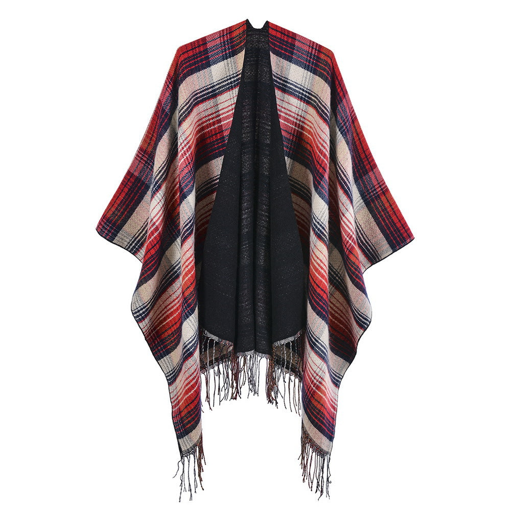 Classic Colorful Plaid Shawl Cape Faux Cashmere Tassel Thickening