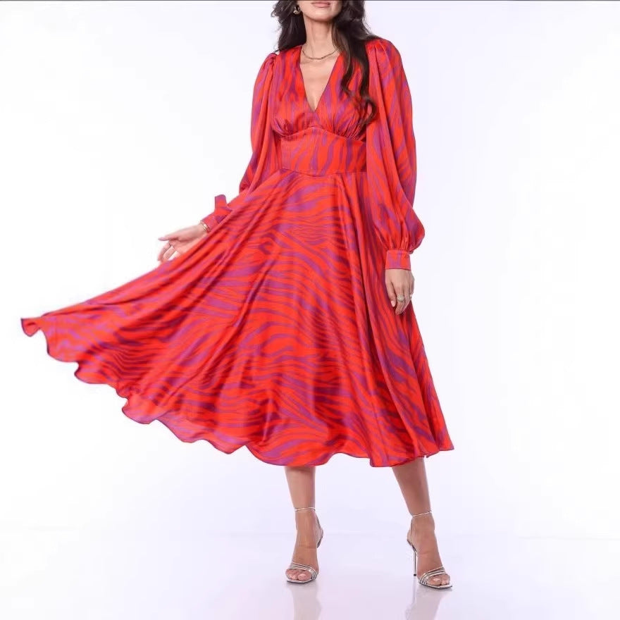 V-neck Long-sleeved Belted Loose-fitting Dress