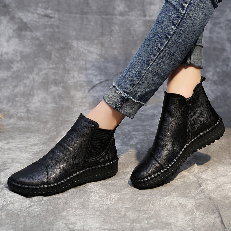 Women's Flat Casual Soft-soled Plus Velvet Leather Boots