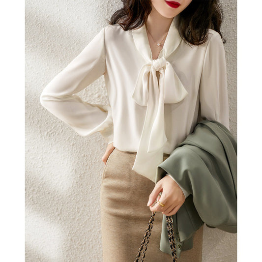 Womens Solid-Color Casual Loose Shirt With Ribbons