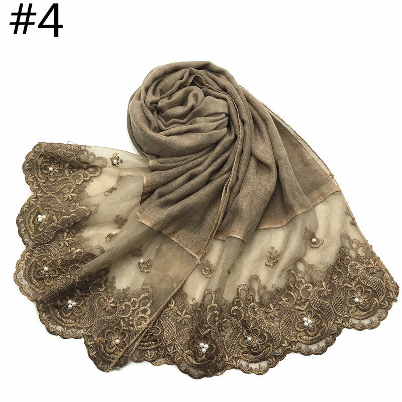 Cotton And Linen Solid Color Scarf, Two-end Lace, Set Pearl Toe Cap Scarf