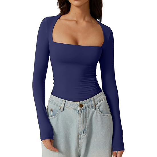 Women's Square Neck Autumn Top Long Sleeve Slim Fit Pullover Milk Silk T-shirt Elegant