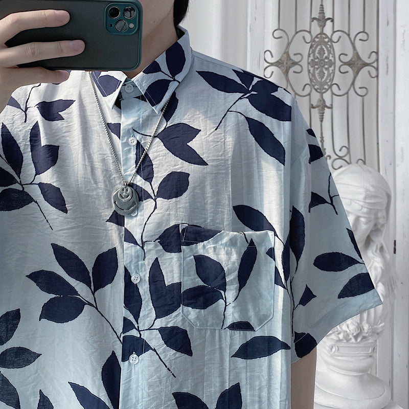 Summer Simple And Loose Full Printed Leaves Short Sleeves