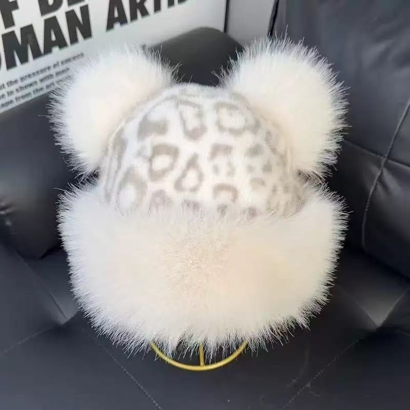 Leopard Pattern Bear Ear Thick Windproof Warm Fisherman Hat