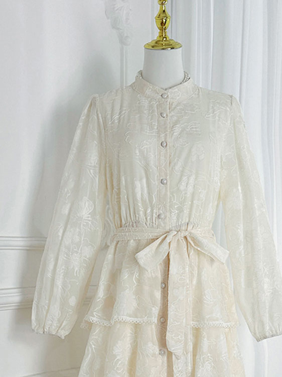 Round Neck Long Sleeve Lace Embroidered Long Cake Dress