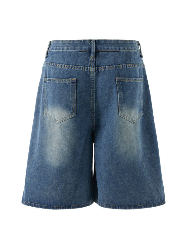 Creative Towel Embroidery Denim Shorts Male And Female Trendy Brand High Street Straight Shorts