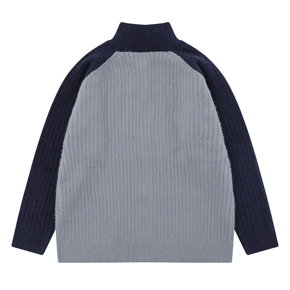 Color Matching Raglan Long Sleeve Stand Collar Sweater Coat